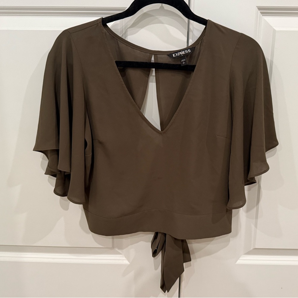 Express Olive Flutter Sleeve Crop Blouse